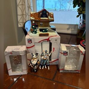 Vintage Dallas Cowboys Christmas Village Ceramic House and 2 Ornaments NIB